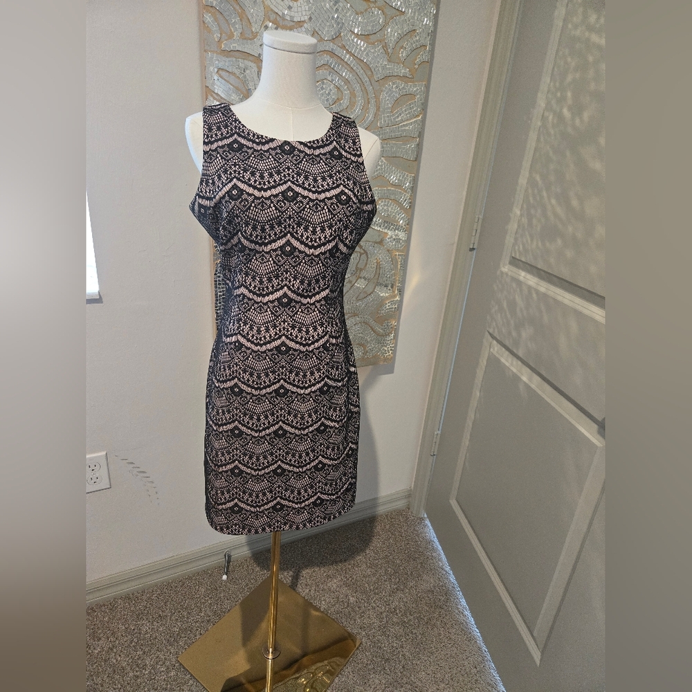 Guess Black and Pink Lace Pattern Mini Dress